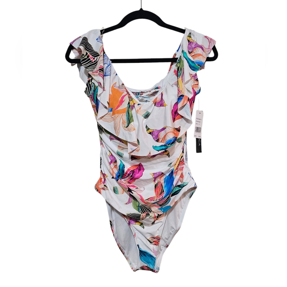 La Blanca One Piece Swimsuit - Women's Size 12 NWT Ruffle Floral Tropical Pool - Picture 3 of 16